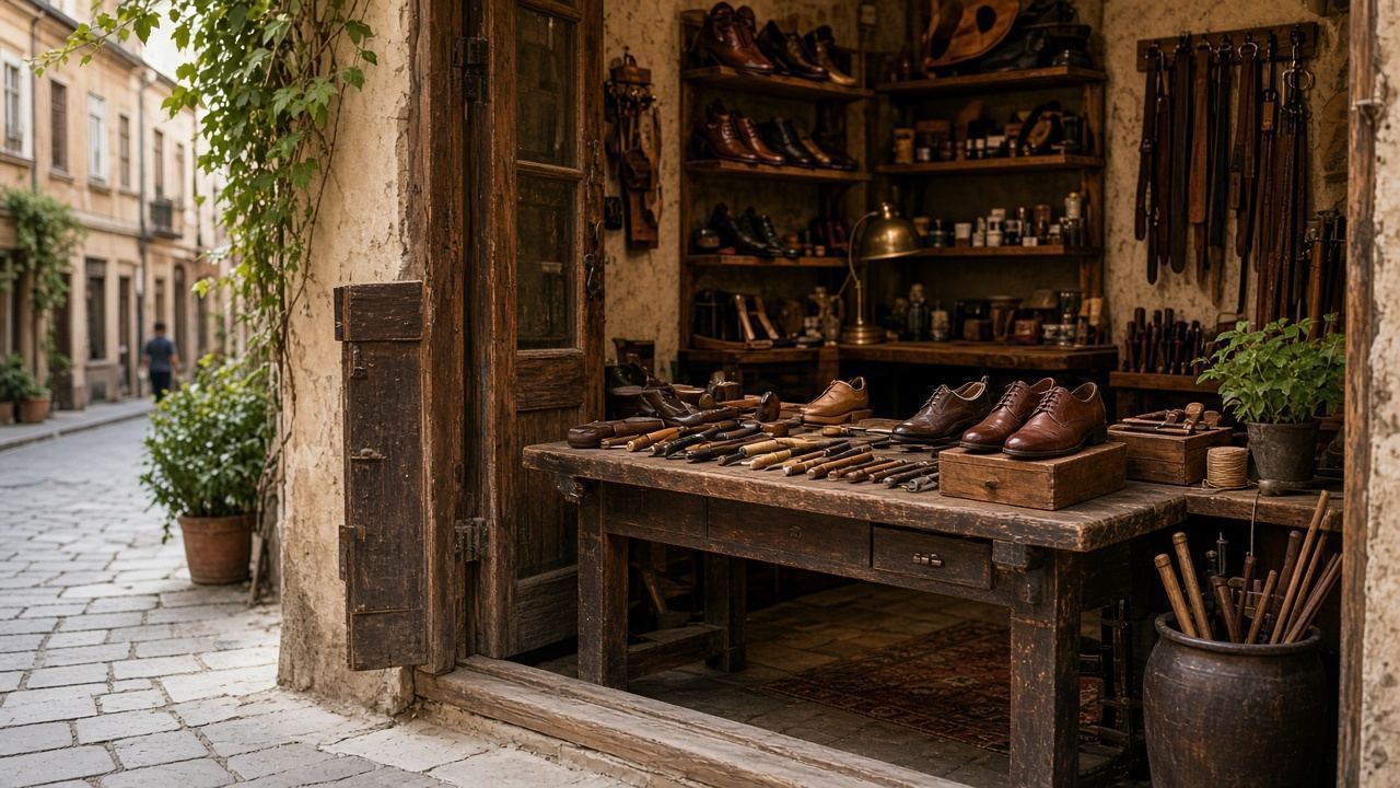 Shoe / leather repair workspace at Dermathana Shoe Repair